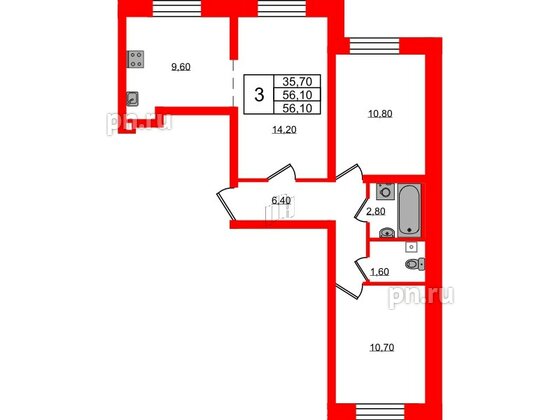 Квартира в ЖК Ржевский парк, 3 комнатная, 56.1 м², 1 этаж