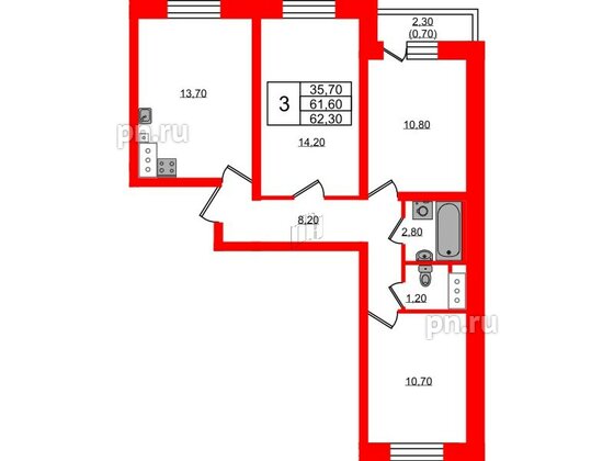 Квартира в ЖК Ржевский парк, 3 комнатная, 62.3 м², 3 этаж