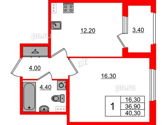 Квартира в ЖК Дубровский, 1 комнатная, 40.3 м², 1 этаж