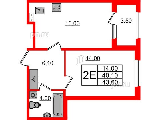 Квартира в ЖК Дубровский, 1 комнатная, 43.6 м², 1 этаж