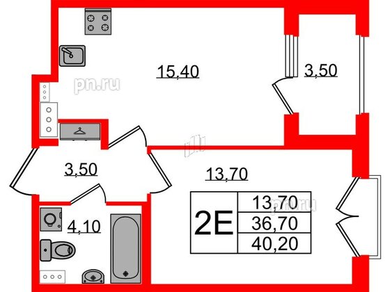 Квартира в ЖК Дубровский, 1 комнатная, 40.2 м², 3 этаж