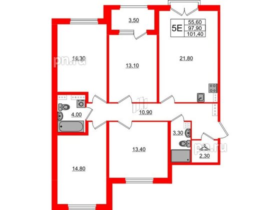 Квартира в ЖК Дубровский, 4 комнатная, 101.4 м², 2 этаж