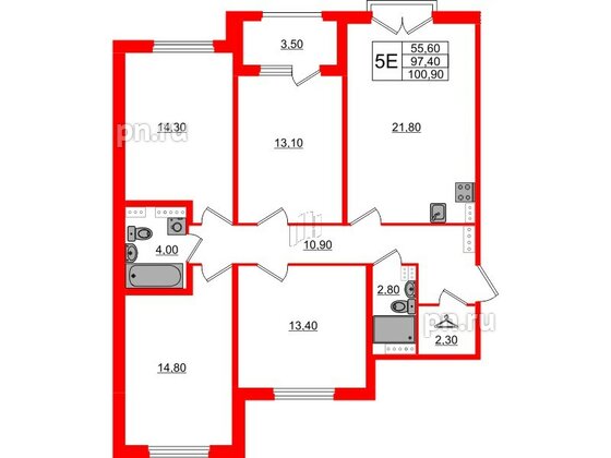 Квартира в ЖК Дубровский, 4 комнатная, 100.9 м², 4 этаж