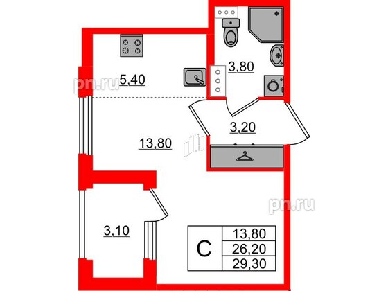 Квартира в ЖК Дубровский, студия, 29.3 м², 3 этаж