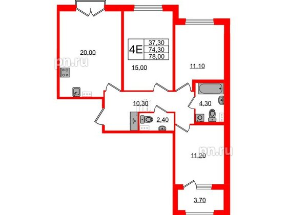 Квартира в ЖК Дубровский, 3 комнатная, 78 м², 2 этаж