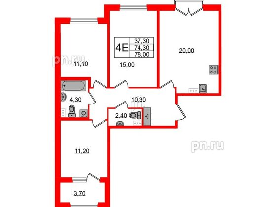 Квартира в ЖК Дубровский, 3 комнатная, 78 м², 2 этаж