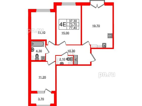 Квартира в ЖК Дубровский, 3 комнатная, 77.4 м², 4 этаж