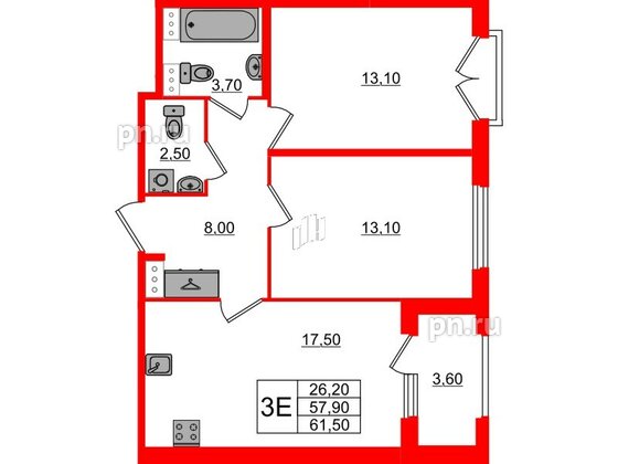 Квартира в ЖК Дубровский, 2 комнатная, 61.5 м², 4 этаж