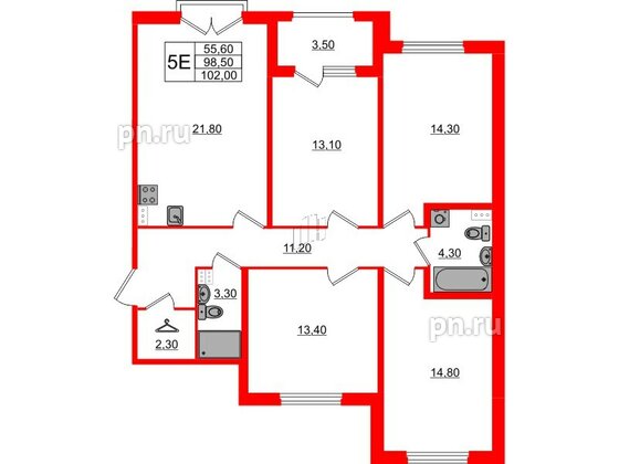 Квартира в ЖК Дубровский, 4 комнатная, 102 м², 2 этаж