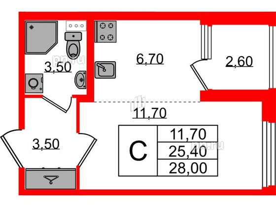 Квартира в ЖК Дубровский, студия, 28 м², 1 этаж