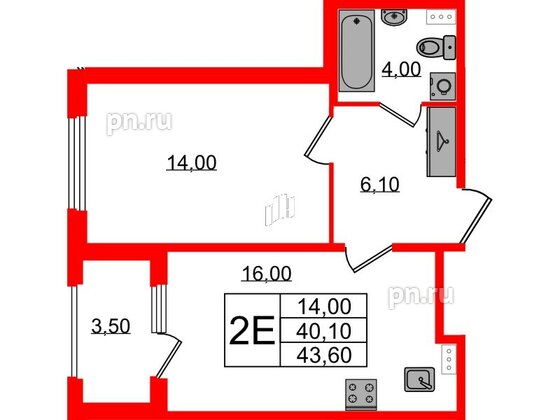 Квартира в ЖК Дубровский, 1 комнатная, 43.6 м², 1 этаж