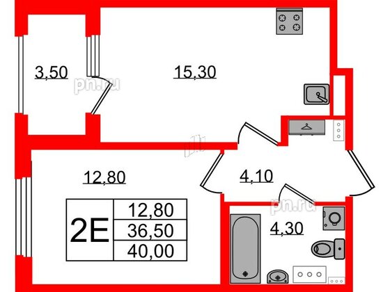 Квартира в ЖК Дубровский, 1 комнатная, 40 м², 3 этаж