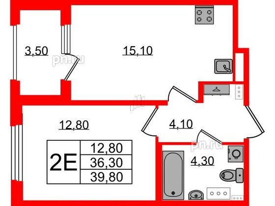 Квартира в ЖК Дубровский, 1 комнатная, 39.8 м², 4 этаж