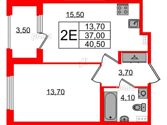 Квартира в ЖК Дубровский, 1 комнатная, 40.5 м², 1 этаж