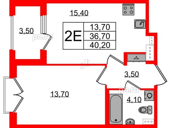 Квартира в ЖК Дубровский, 1 комнатная, 40.2 м², 2 этаж