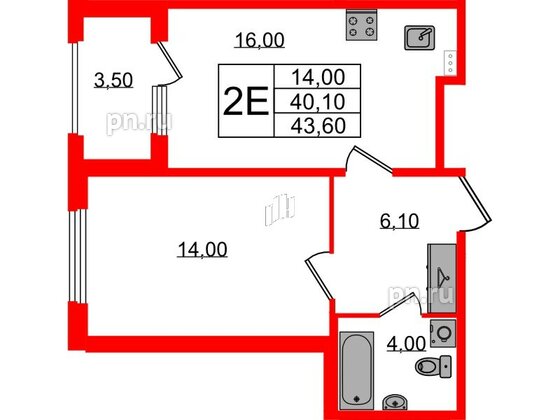 Квартира в ЖК Дубровский, 1 комнатная, 43.6 м², 1 этаж