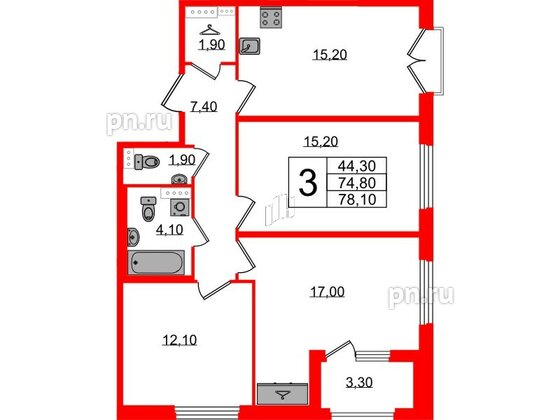 Квартира в ЖК Дубровский, 3 комнатная, 78.1 м², 3 этаж