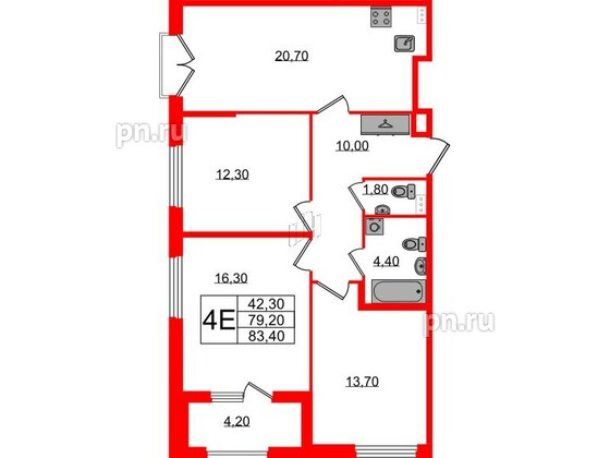 Квартира в ЖК Дубровский, 3 комнатная, 83.4 м², 2 этаж