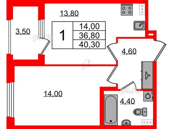 Квартира в ЖК Дубровский, 1 комнатная, 40.3 м², 2 этаж