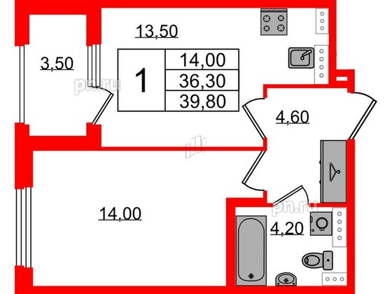 Квартира в ЖК Дубровский, 1 комнатная, 39.8 м², 3 этаж