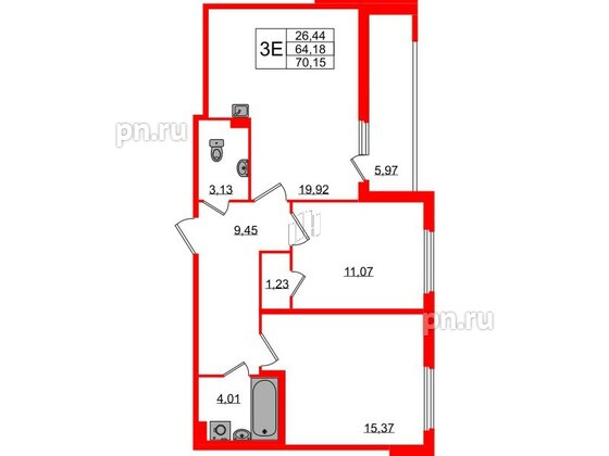 Квартира в ЖК Любоград, 2 комнатная, 64.18 м², 1 этаж