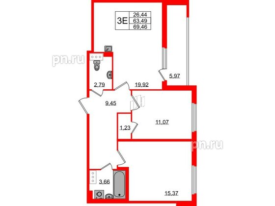 Квартира в ЖК Любоград, 2 комнатная, 63.49 м², 2 этаж