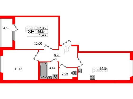 Квартира в ЖК Любоград, 2 комнатная, 55.84 м², 1 этаж