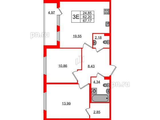 Квартира в ЖК Любоград, 2 комнатная, 62.2 м², 1 этаж