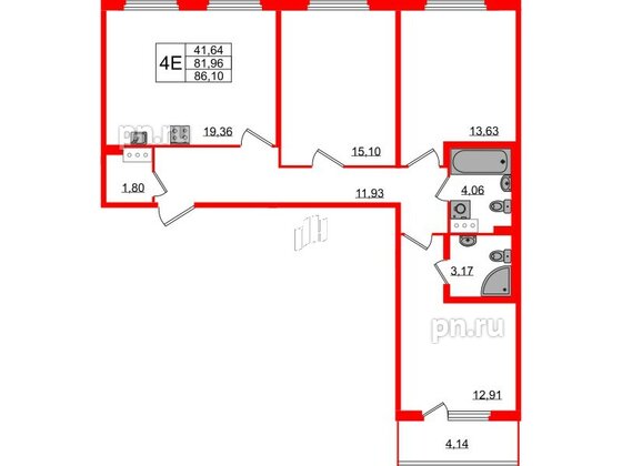 Квартира в ЖК Любоград, 3 комнатная, 81.96 м², 2 этаж