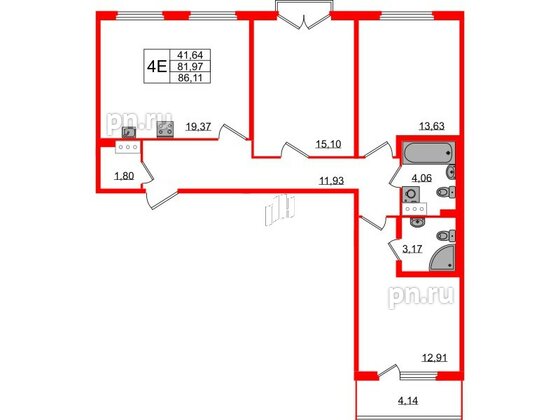 Квартира в ЖК Любоград, 3 комнатная, 81.97 м², 4 этаж