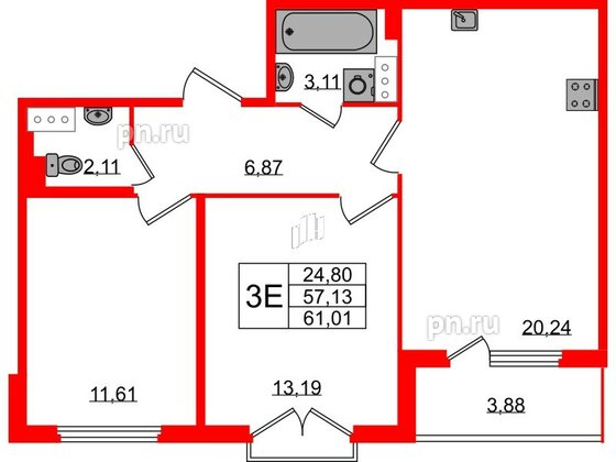 Квартира в ЖК Любоград, 2 комнатная, 57.13 м², 3 этаж