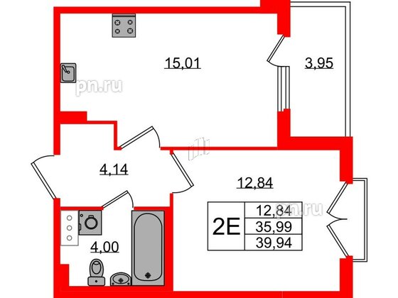 Квартира в ЖК Любоград, 1 комнатная, 35.99 м², 3 этаж