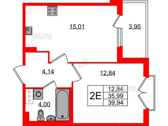 Квартира в ЖК Любоград, 1 комнатная, 35.99 м², 4 этаж