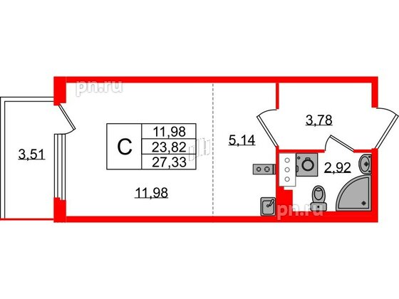 Квартира в ЖК Любоград, студия, 23.82 м², 2 этаж