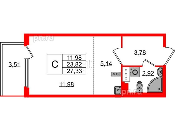 Квартира в ЖК Любоград, студия, 23.82 м², 3 этаж