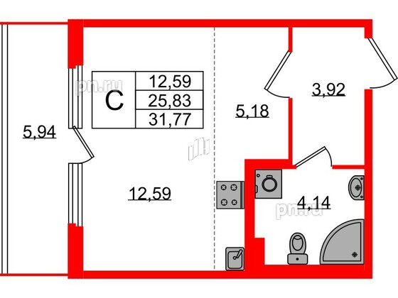 Квартира в ЖК Любоград, студия, 25.83 м², 1 этаж