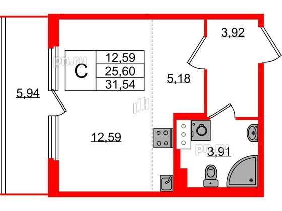 Квартира в ЖК Любоград, студия, 25.6 м², 2 этаж