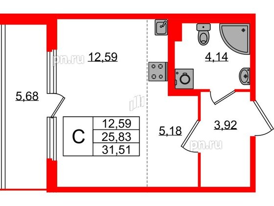 Квартира в ЖК Любоград, студия, 25.83 м², 1 этаж