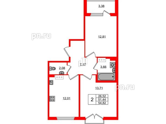 Квартира в ЖК Любоград, 2 комнатная, 51.44 м², 3 этаж