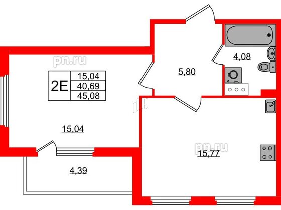 Квартира в ЖК Любоград, 1 комнатная, 40.69 м², 2 этаж