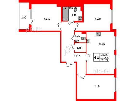 Квартира в ЖК Любоград, 3 комнатная, 75.73 м², 1 этаж