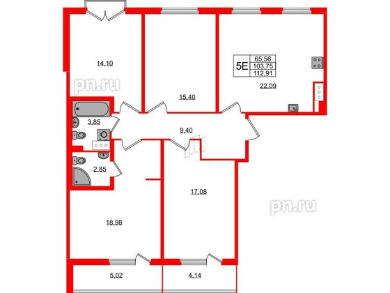 Квартира в ЖК Любоград, 4 комнатная, 103.75 м², 4 этаж