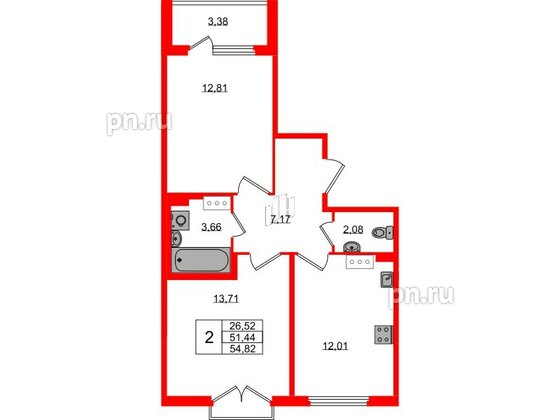 Квартира в ЖК Любоград, 2 комнатная, 51.44 м², 3 этаж