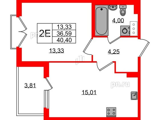 Квартира в ЖК Любоград, 1 комнатная, 36.59 м², 3 этаж