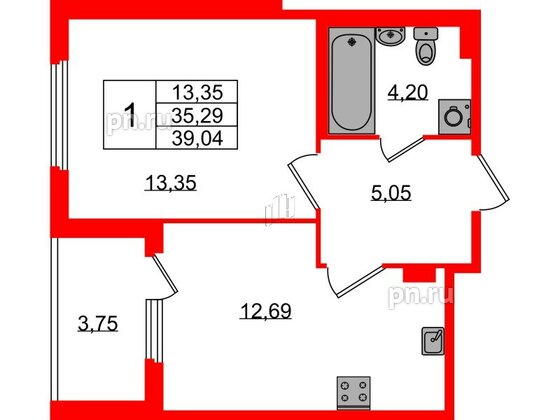 Квартира в ЖК Любоград, 1 комнатная, 35.29 м², 1 этаж