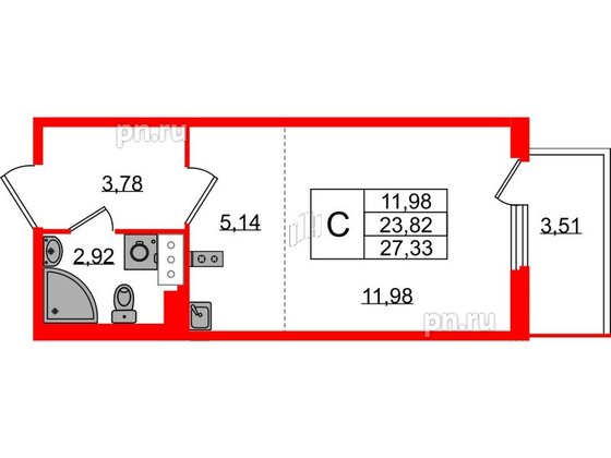 Квартира в ЖК Любоград, студия, 23.82 м², 3 этаж