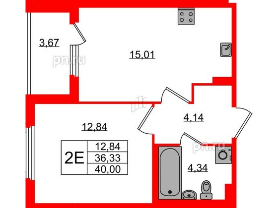 Квартира в ЖК Любоград, 1 комнатная, 36.33 м², 1 этаж