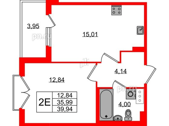 Квартира в ЖК Любоград, 1 комнатная, 35.99 м², 3 этаж