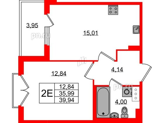 Квартира в ЖК Любоград, 1 комнатная, 35.99 м², 4 этаж