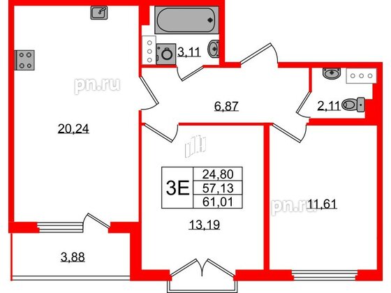 Квартира в ЖК Любоград, 2 комнатная, 57.13 м², 3 этаж